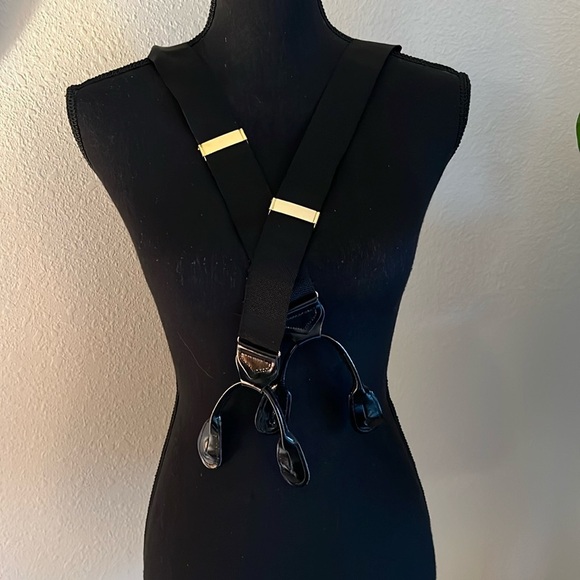Suspenders 100% Black Silk Made in England Black Patent Leather Gold Hardware - Picture 1 of 11